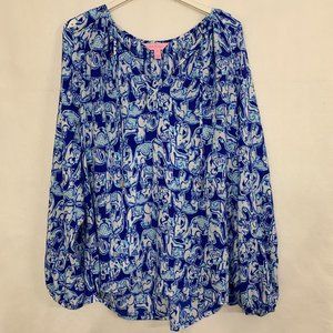 Lilly Pulitzer Willa Getting Trunky Elephant Top Large Bomber Blue Get Trunky